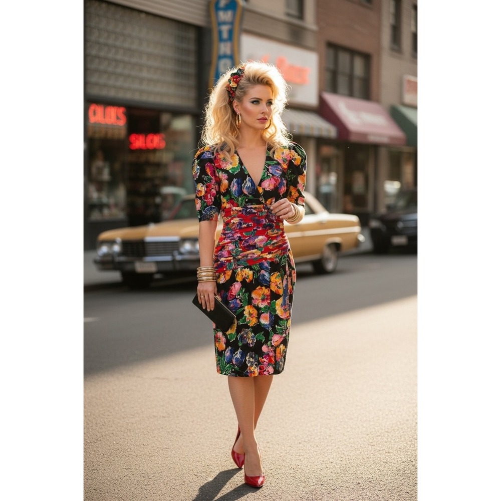 A.J. Bari Black Floral Midi Dress with Red, Yellow, Pink and Green Accents